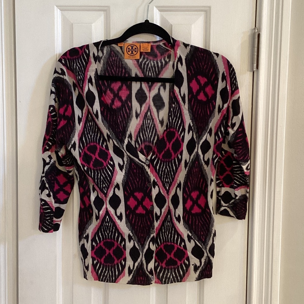 Tory Burch Low-Cut Deep V-Neck Black, White & Raspberry Cardigan